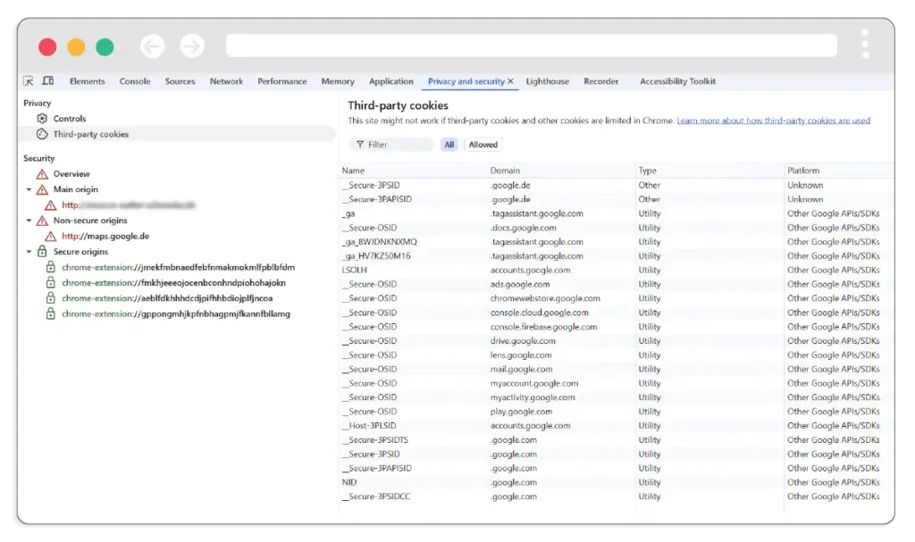 Chrome DevTools zeigt Third-Party-Cookies bei Google Maps Integration